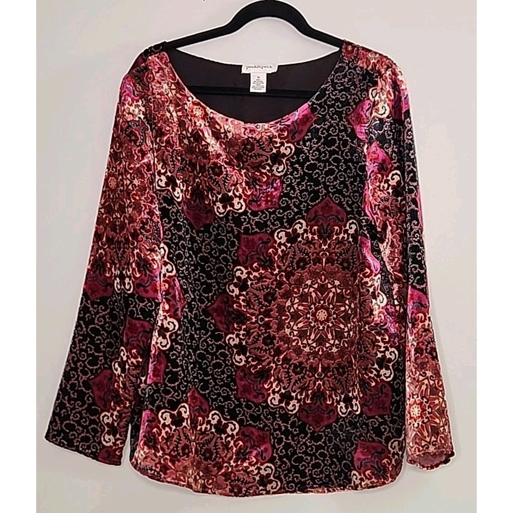 Vintage Peck & Peck Maroon Multicolor Velvet Burn Out Top Women 12 Castlecore